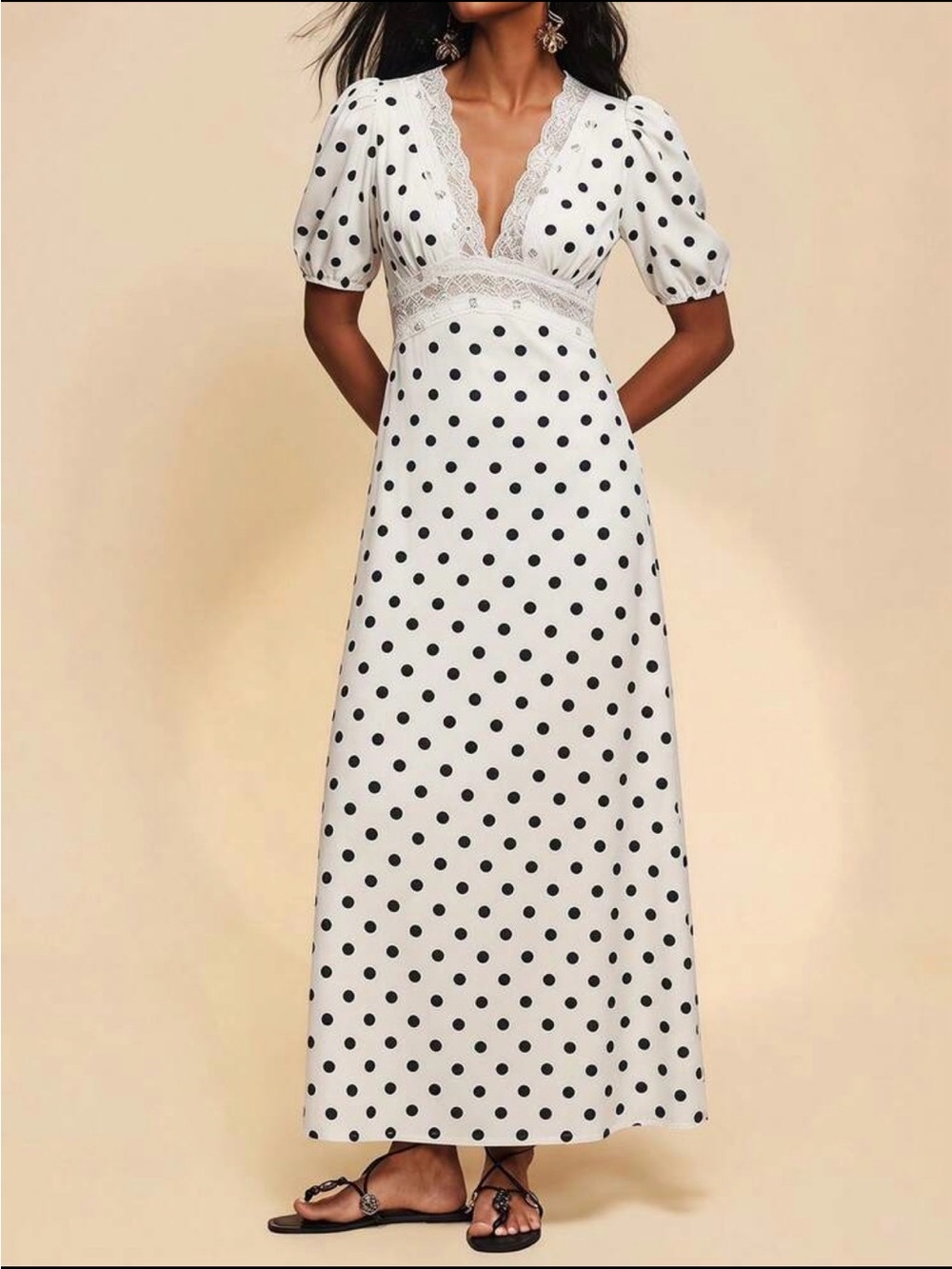 SHEIN White Maxi Dress with Black Polka Dots and Lace Trim NWOT